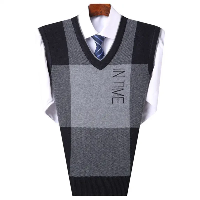 

Black Plaid Sleeveless Men's Clothing Brown Knit Sweater Male Business Waistcoat Vest V Neck Cotton Ugly Plus Size Sheap Mode A