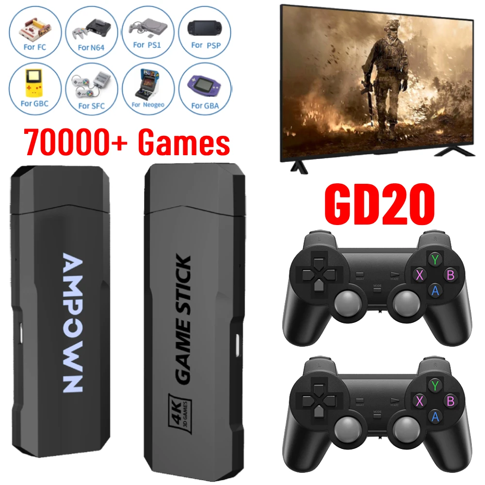 

GD20 Game Stick X2 Video Game Console 70KGames Emuelec4.3 CPU Aigame 905M Wireless Controller 4K HD Retro Games for PS1 N64