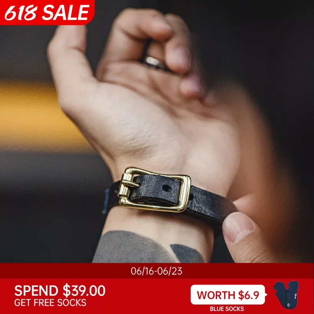 Maden Retro Splicing Cloth Bracelet Brass Top Layer Vegetable Tanned Cowhide Bracelet Accessories for Men And Women 24cm Length