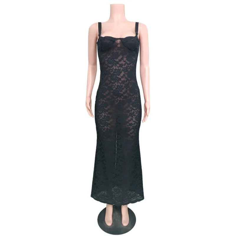 Lace Black Dress Female Slim Hollow Out Spaghetti Backless Dress Elegant Party Evening Gown Split Women Maxi Dress Summer