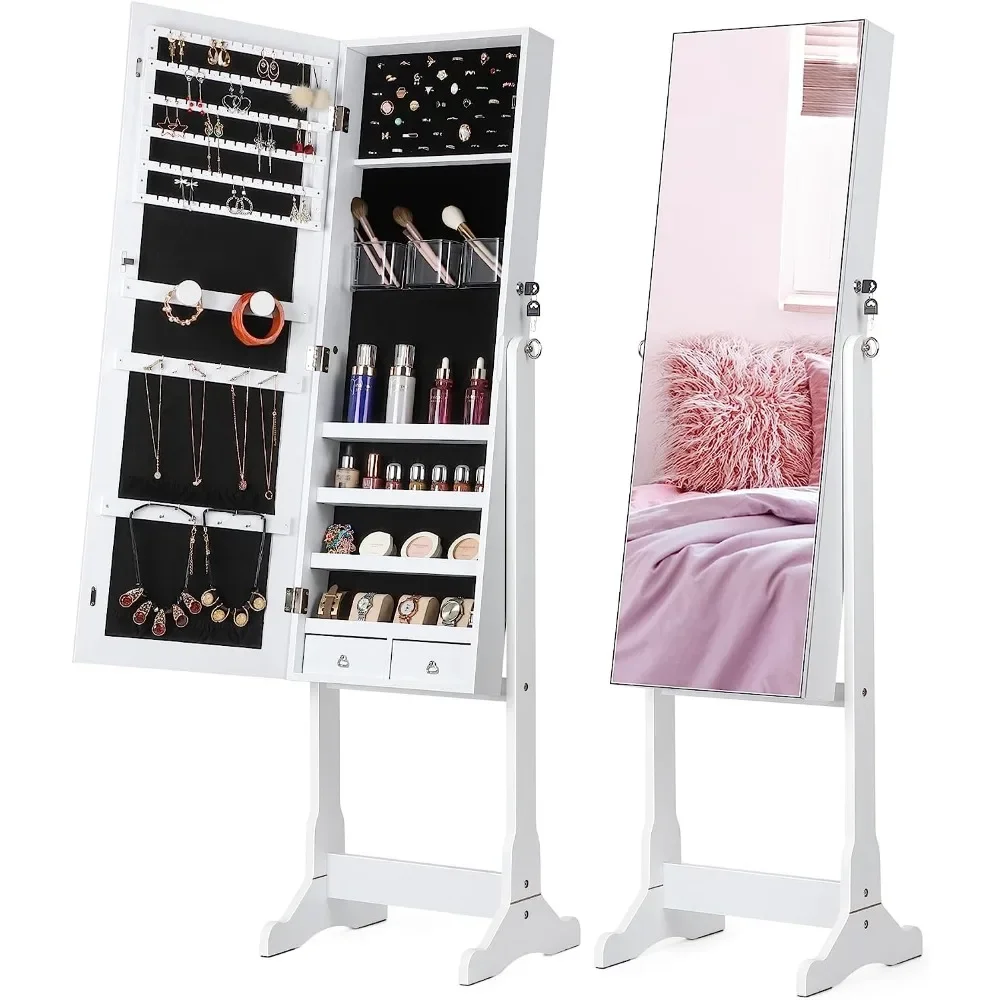

Jewelry Cabinet with Full-Length Mirror, Standing Lockable Jewelry Armoire Mirror Organizer, 3 Angel Adjustable, White
