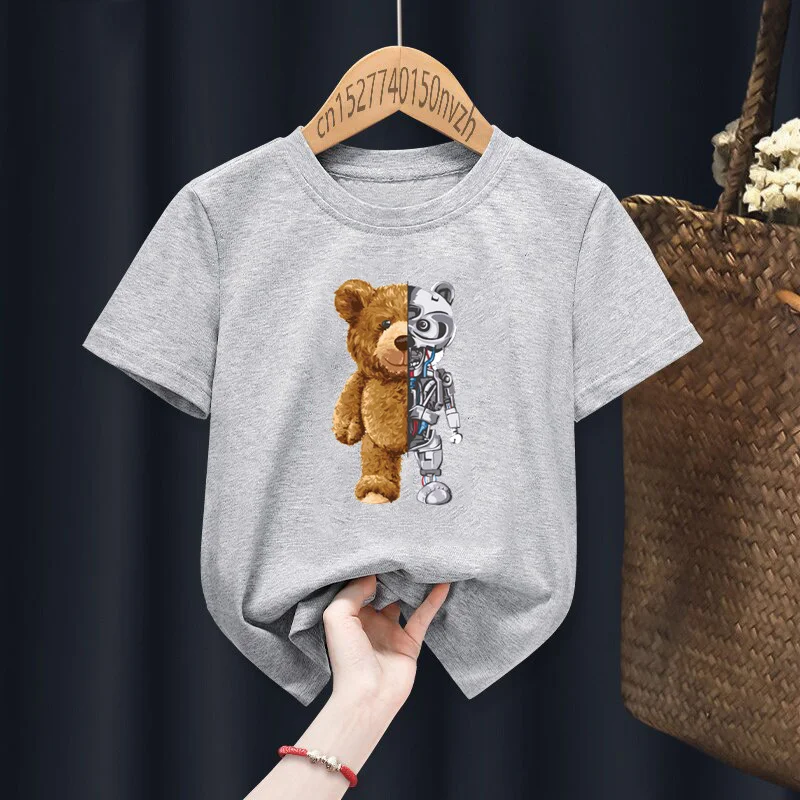 Funny Mechanical Bear Print Red Kid T-shirts Children Baby Black Harajuku Kawaii Clothes Boy Girl Tops Gift Present ,Drop Ship