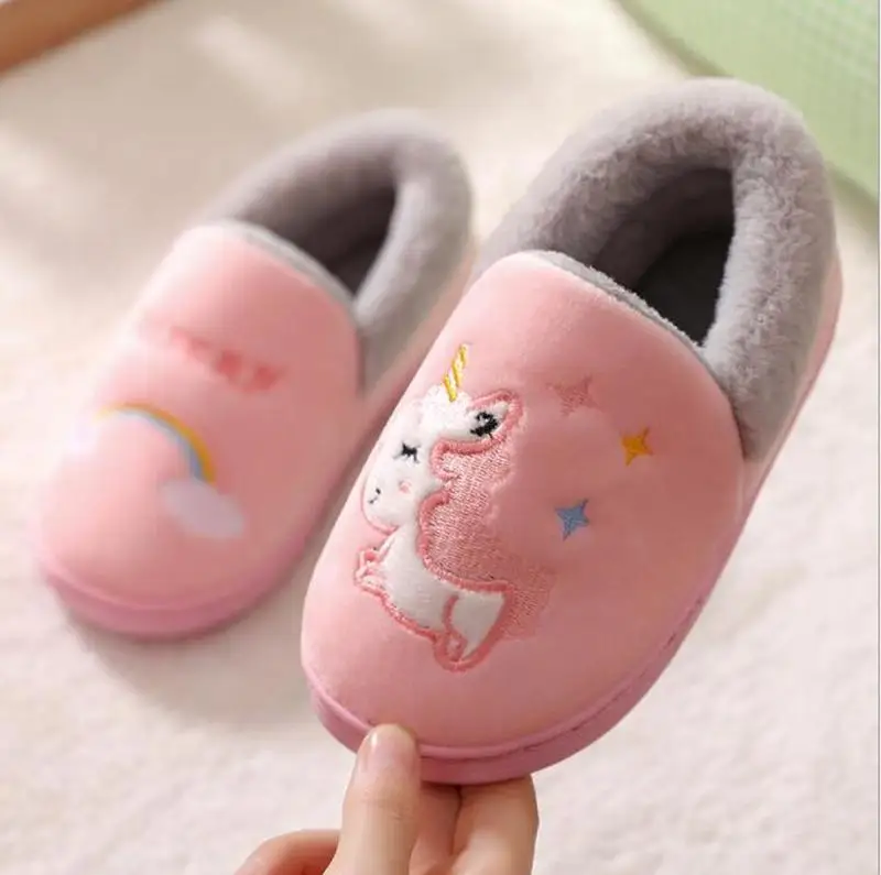 Unicorn Kids Slippers for Toddler Boys Indoor Shoes Baby Girl Fur Slides Cotton Flip Flop Warm Winter House Children Slipper