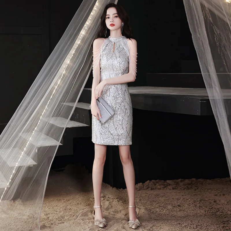 

Elegant Sequins Sleeveless Beaded Back Zipper Bride Bridesmaid Gowns Party Banquet Female Dresses Cheongsam