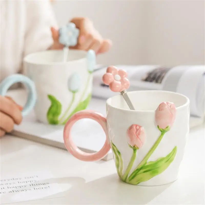 

Porcelain Cup Durable Mellow Does Not Fade Ceramics Smooth Comfortable Grip Tulip Pattern Hand Carved High Quality Smooth Handle