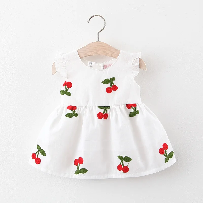 Summer Baby Girl Dress Girl’s Cherry Embroidered Round Neck Small Flying Sleeves Princess Dress Children’s Dress