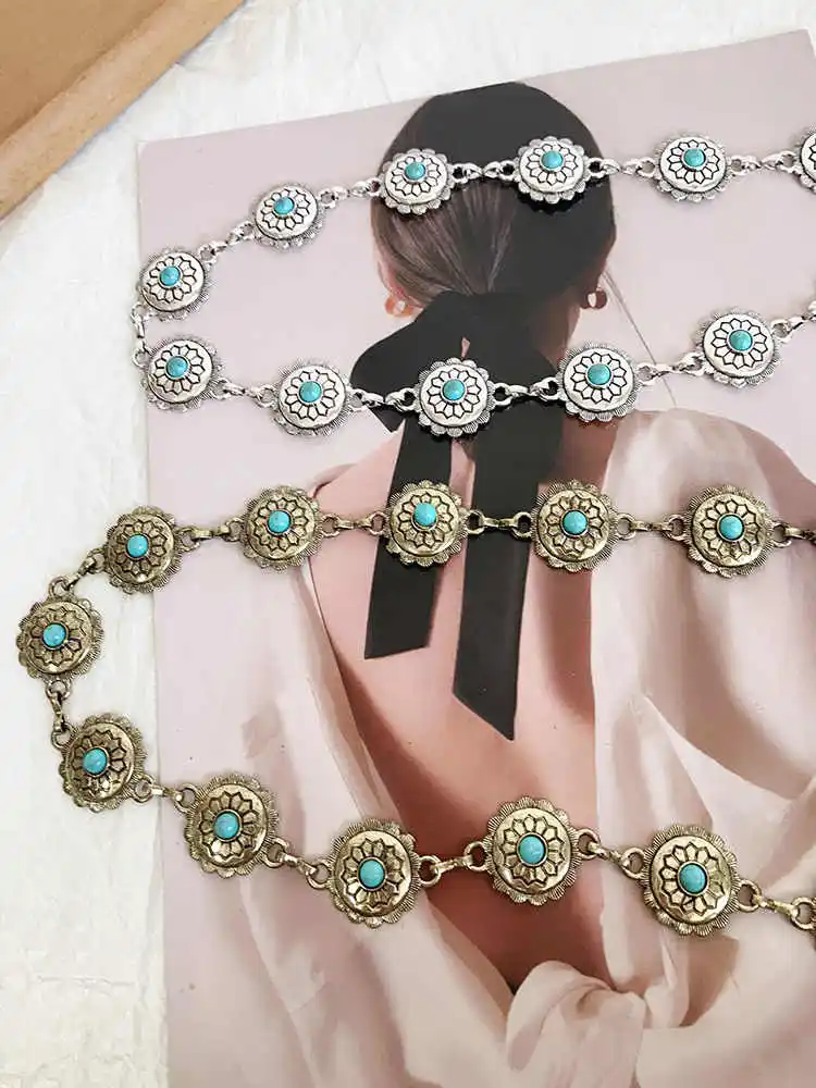 Retro ethnic style turquoise waist chain bohemian round lace decorated belt versatile carving inlaid accessories
