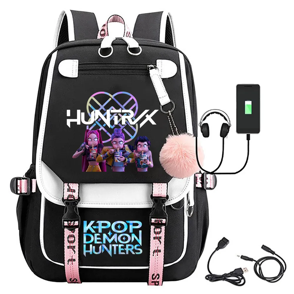 KPop Demon Hunters Bookbag Student Anime Kawaii School Bags USB Charging Backpack Teenagers Large Capacity Slayer Rucksack
