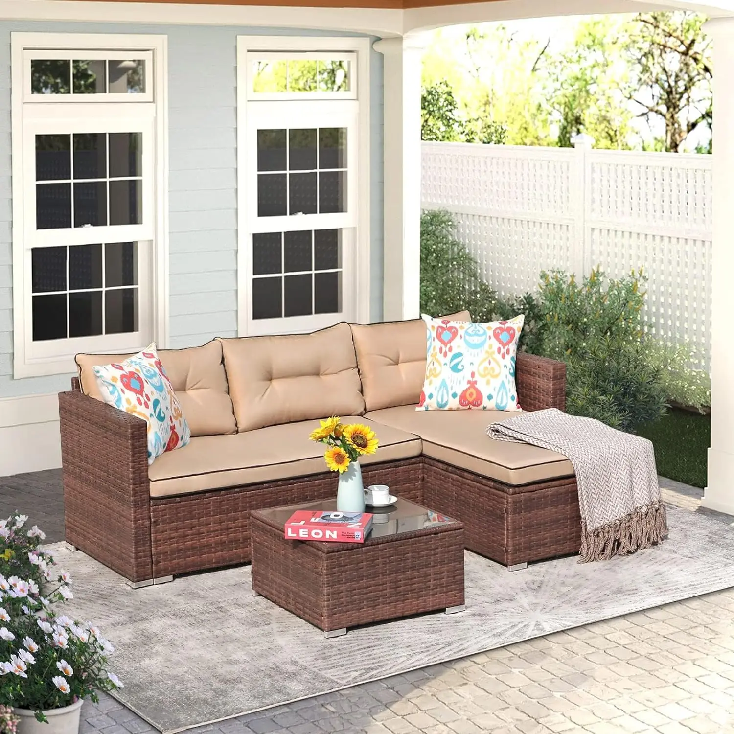 

Outdoor Patio Furniture Set, All-Weather Wicker Rattan Furniture Sofa Set, with Cushions, Tempered Glass Coffee Table,