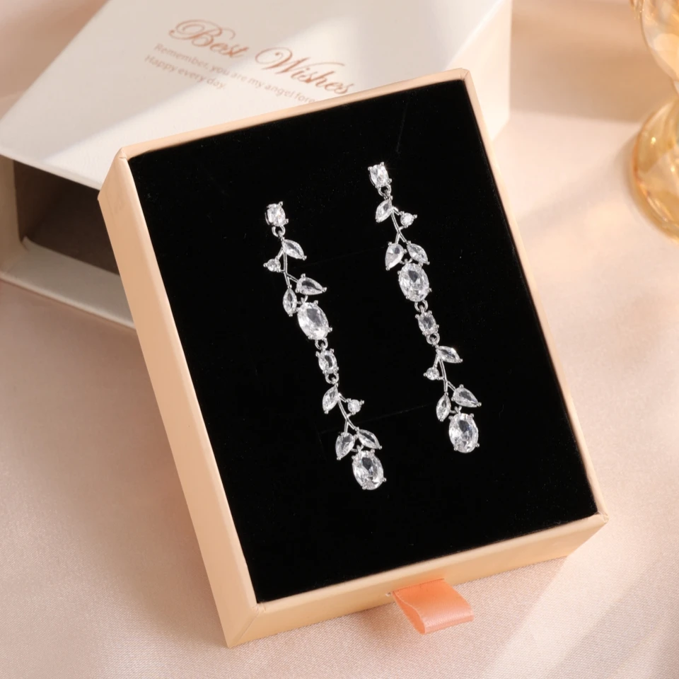 Long Wheatear Tassel Dangle Earrings Shiny Cubic Zirconia Charm for Women Wedding Party Jewelry Accessories