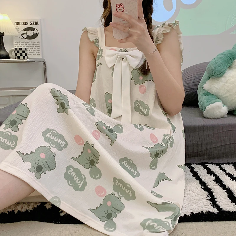 

Летняя женская ночная рубашка, пижама, Милая женская одежда для сна без рукавов с рисунком крокодила из мультфильма, Хлопковая пижама, Женская домашняя одежда