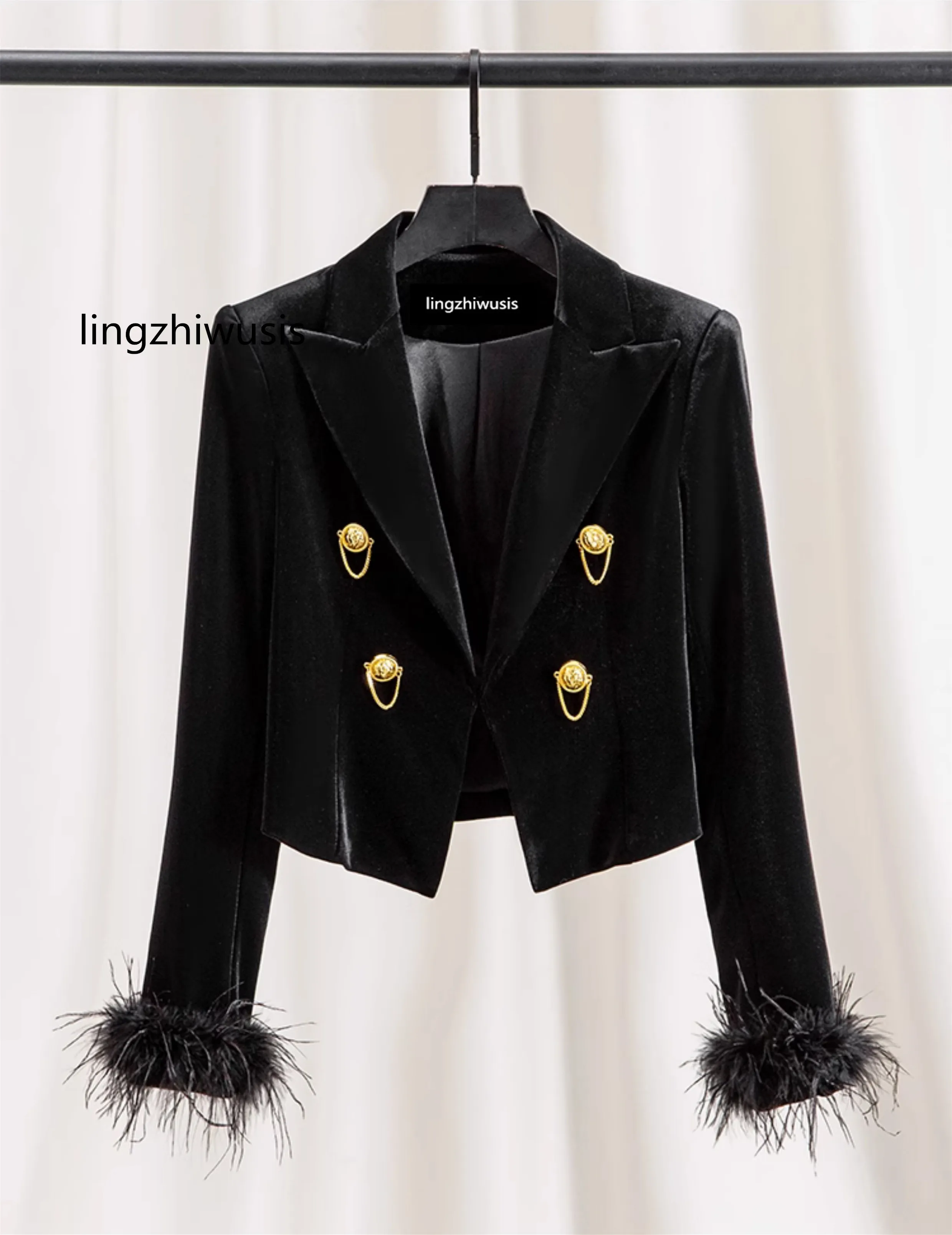 

Women Black Velvet Blazer Top Quality Ostrich Feathers Slim Waist Top Female Short Autumn Winter Outerwear New Arrive