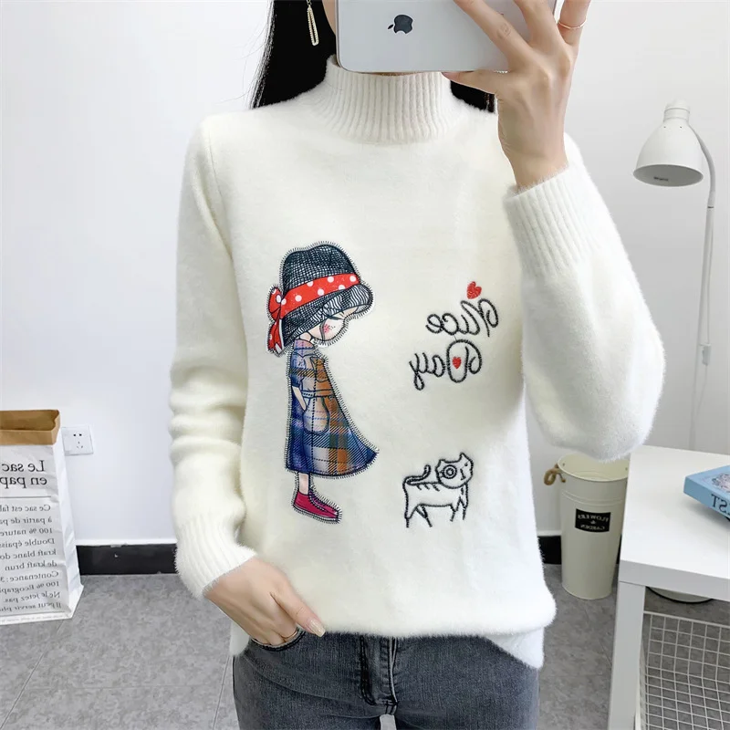 

2022 Winter Warm Down Half High Neck Sweater Women's Autumn And Winter Pullover Embroidered Thick Knit Underpin QED9