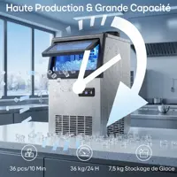 HOMCOM Machine à glaçons commerciale 36 kg/24h, acier inoxydable, ice maker, capacité 7,5 kg, 36 cubes par 10 minutes, 3
