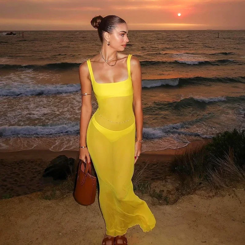 

Summer New Beach Skirt Sexy Spicy Girl Solid Color Square Neck Mesh Perspective Slim Fit Long Dress 2024