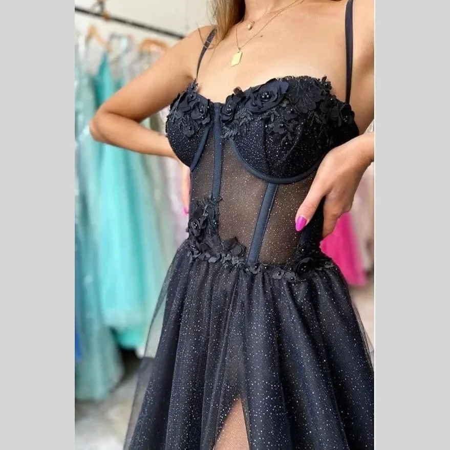 Glitter Tulle Prom Dress Long Ball Gown Spaghetti Straps Lace Appliqued 3D Flower Slit Bridesmaid Dresses Sexy Cocktail party