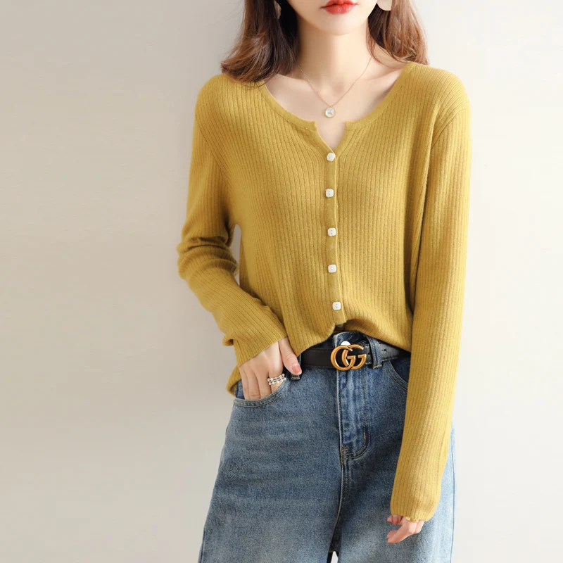 

Spring And Autumn New 100% Pure Wool Women's Thin Loose Knitted Long-Sleeved Fashion Slim Fit All-Match Cardigan Sweater