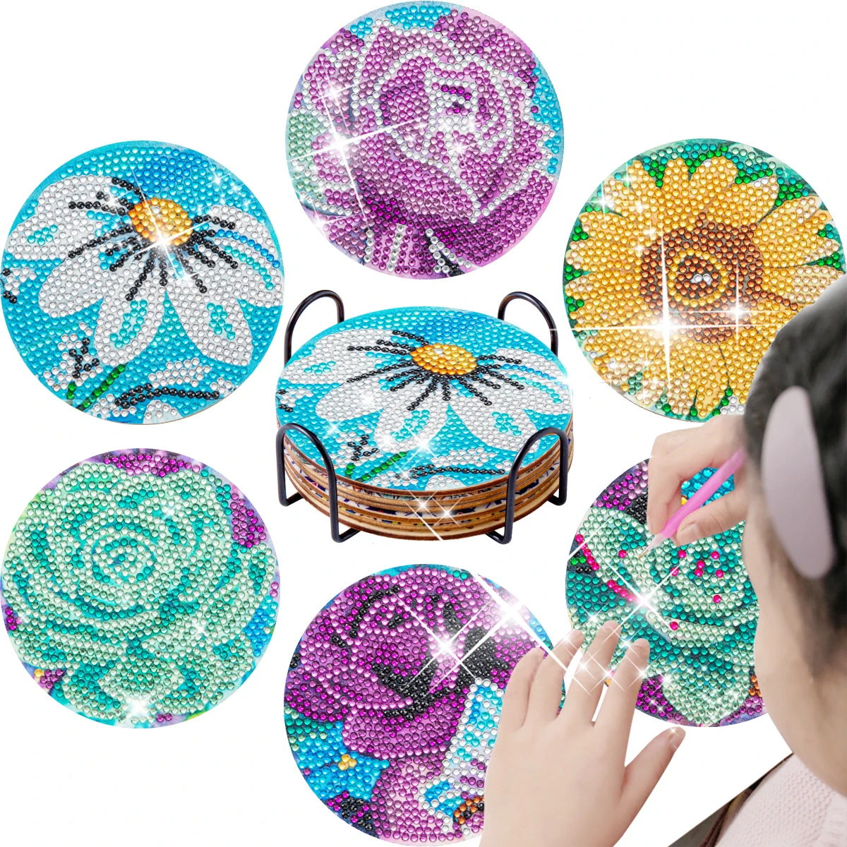 

GATYZTORY 6pc/sets Diamond Painting Coasters Kits 5D Flower Drinks DIY Coaster Diamond Art Kits For Adults Kids Beginners decor