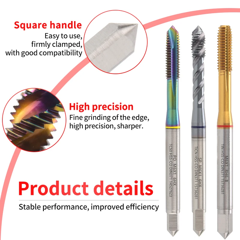 HSS-CO DIN 371 376 Blue Red Yellow Ring Spiral Fluted Tap Pointed Roll Forming M2 M3 M4 M5 M6 M8 M10