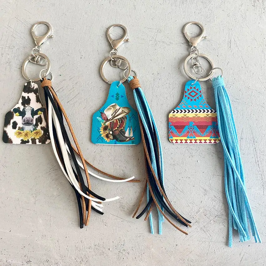 Leather Cow Tag Long Tassel Western Cowgirl Cowboy Keychain 2024 New Boho Key Chain Boutique Jewelry Wholesale