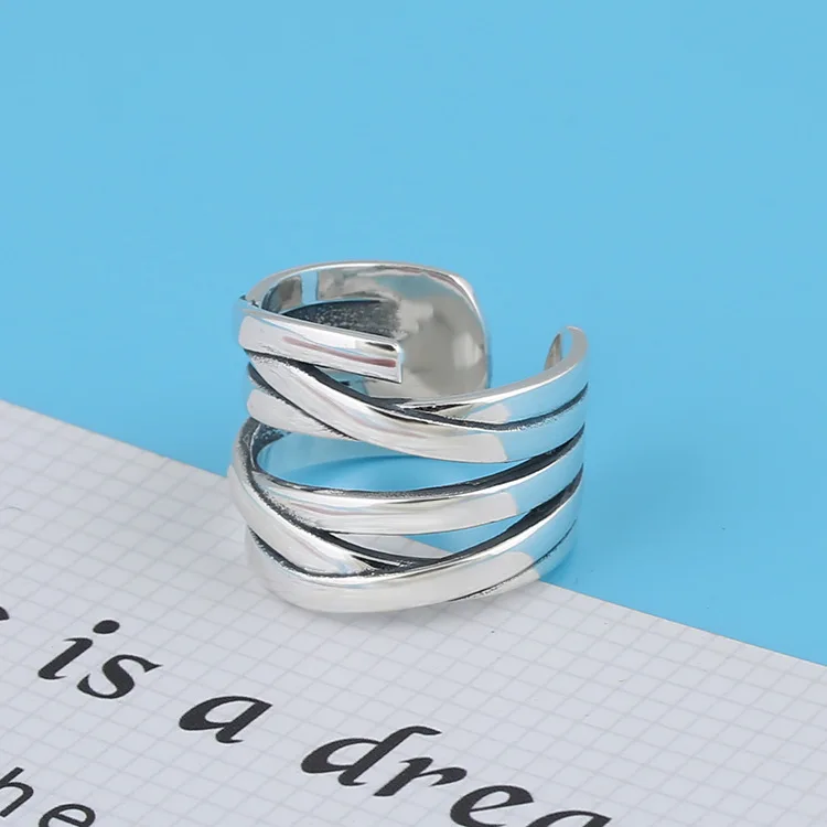 

S925 Sterling Silver Korean Fashion Trendy Index Finger Ring Open Ring Female Exaggerated Style Cross Wrapped Wide Ring