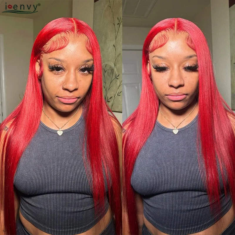 밝은 빨간색 인모 가발 13X6 13X4 스트레이트 HD 레이스 프론트 가발 버건디 99J 컬러 레이스 프론트 가발 (흑인 여성용) 프리 플러킹 처리됨