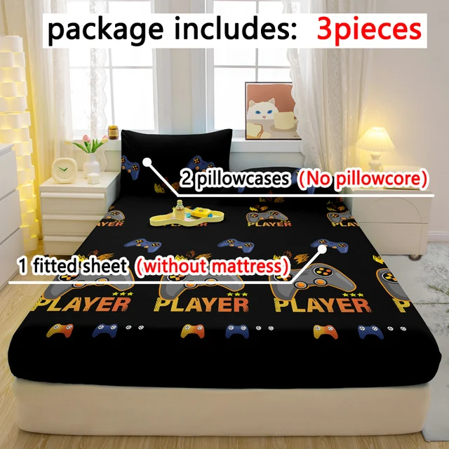Ensemble de draps housse avec motif de jeu amusant de dessin animé, couverture de lit imprimée, literie de chambre à coucher, 3 pièces 1