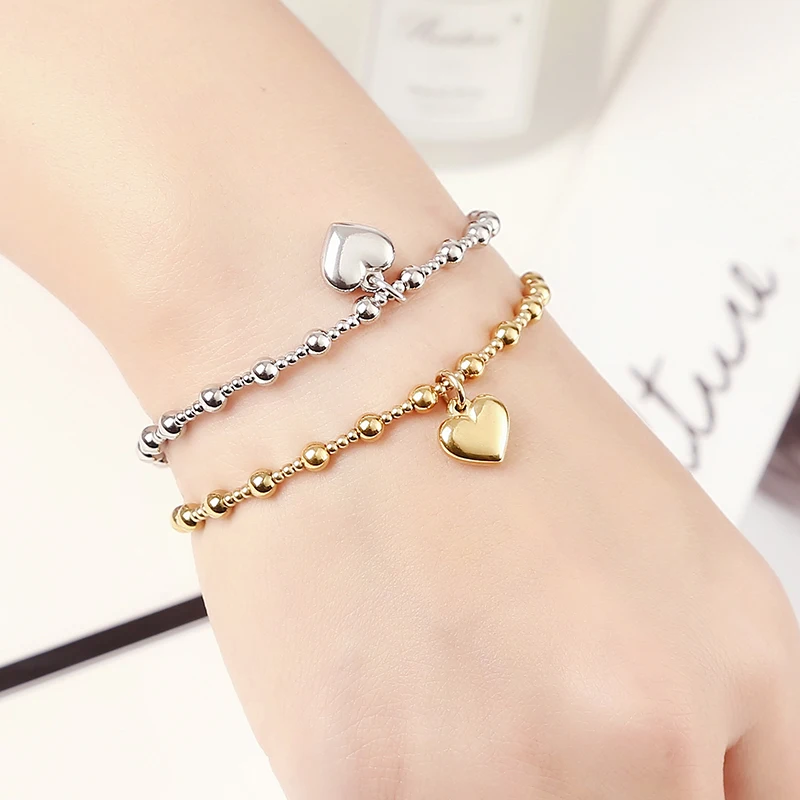Stainless Steel Jewelry Girl Party Durable Solid Round Beads Smooth Heart-Shaped Elasticity Bracelet