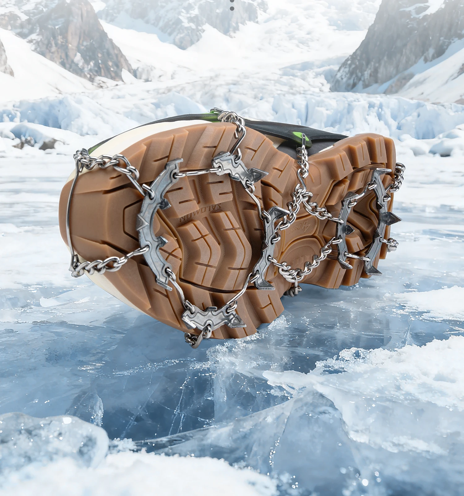Crampons stretched over shoe sole