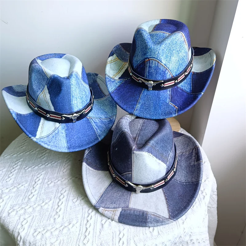 Fashion Denim Color Blocking Top Caps For Men Women Wide