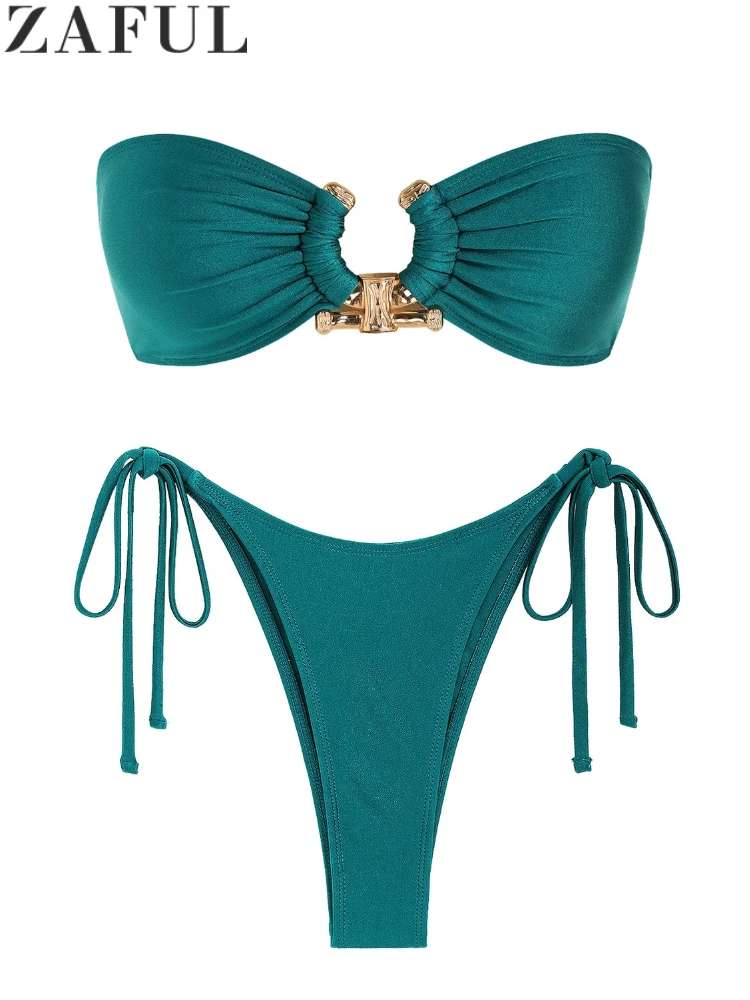 ZAFUL Solid O Ring Swimsuit For Women Tie Side Shiny Metal Hardware Ring Bandeau Bikini Swimwear Padded  Bra Top Low Waisted