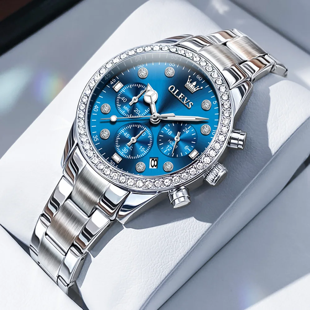 NEW OLEVS Diamond Women Watch Silver Blue Ladies Wrist Watches Luxury Brand Rhinestone Womens Bracelet Watches Female Relogio