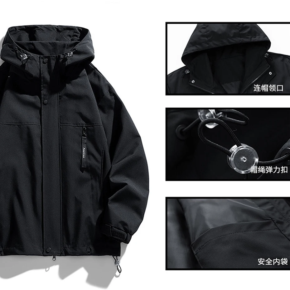Black Camping Jacket Men Windbreak Coat Plus Size 8XL Fashion Casual Waterproof Jacket Male Solid Color Outerwear Big Size 6