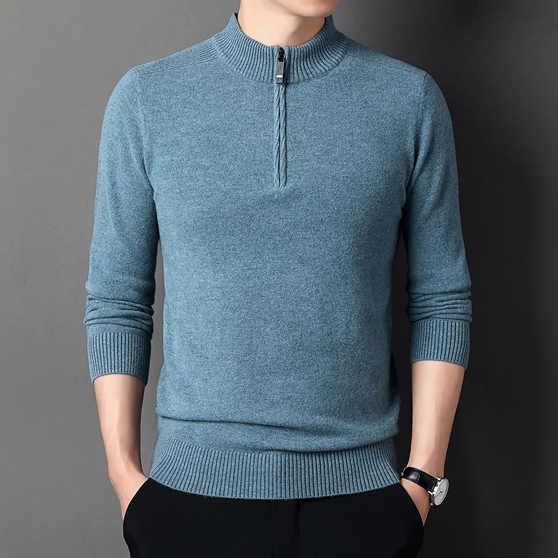 

sweater Men's 100 pure sweater thickened half high collar solid color zipper casual knit bottoming shirt in winter