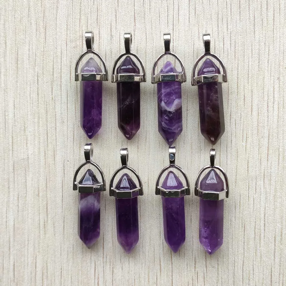 Fashion Natural Amethyst stone crystal pillar Hexagonal healing Reiki Point pendants for jewelry making 24pcs/lot Wholesale