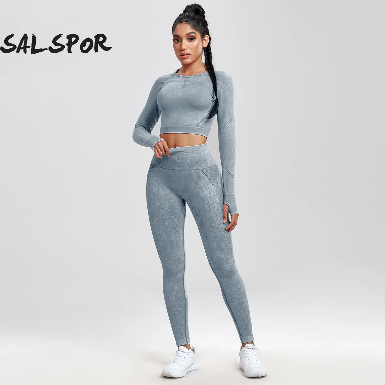 

SALSPOR 2PCS Women Yoga Suit Wash Seamless Sport Set Long Sleeve Fitness Shirt with Butt Lift Workout Legging Elastic Gym Wear