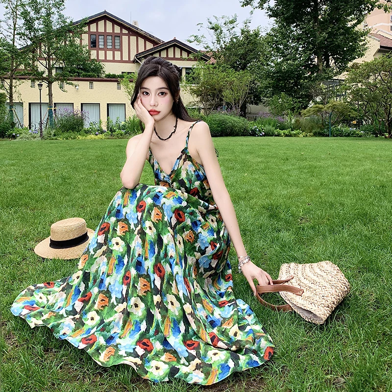 

Богемное длинное платье без рукавов, женское сексуальное платье на бретелях-спагетти с высокой талией и цветочным принтом, женское платье
