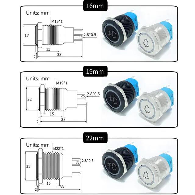 16/19/22MM Customized Metal Button Switch LED With Socket 12V 24V Black/Silver Waterproof Suitable for Cars, Ships, Motorcycles