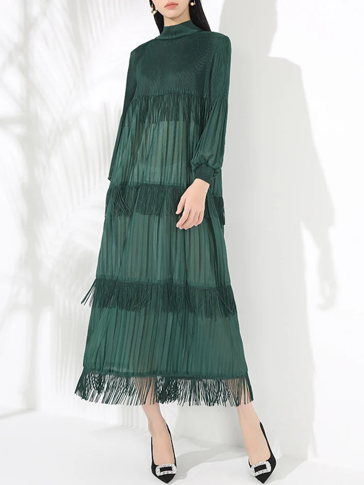 LANMREM Elegant Party Pleated Long Dress For Women Stand Collar Tassel Design Solid Color Dresses 2025 Spring New 2VV2054 - Image 2