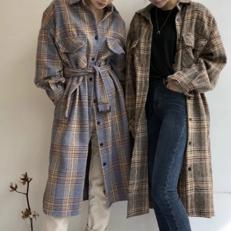 Women's Winter Long Coat Elegant Checked Jacket Oversized Wool Checked Coat Long Sleeve Jacket Retro Autumn Jacket Camel Coat