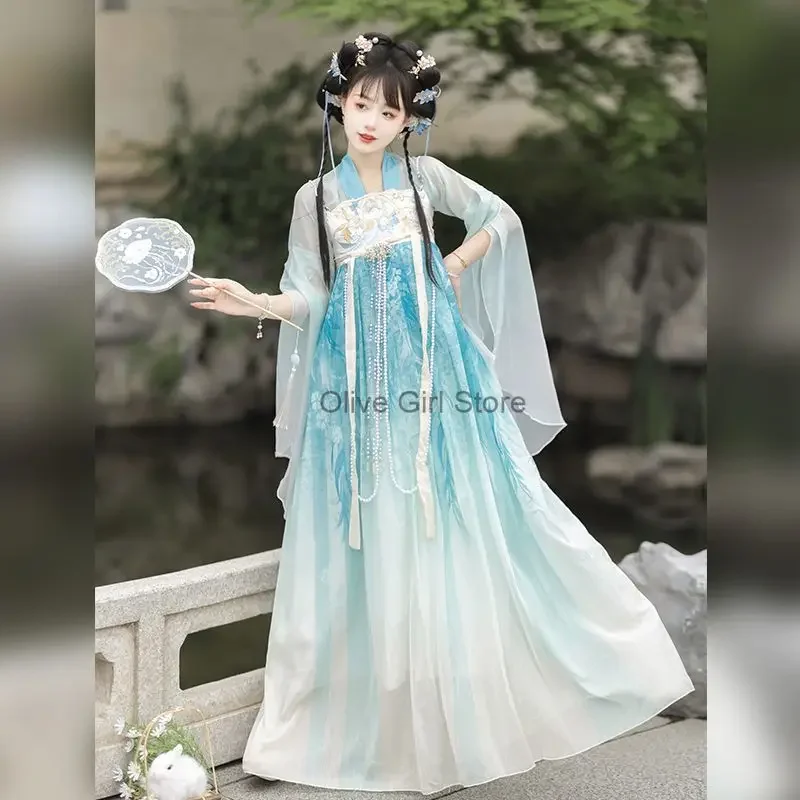 

Tang Style Hanfu Dress Skirt Set Women's Clothing Elegant Summer Super Fairy Embroidered Chiffon Cosplay Chinese Goddess Costume