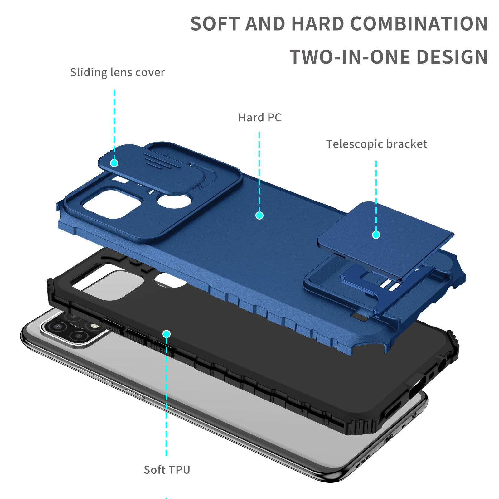 Durable Slide Camera Armor Phone Case with Plastic Holder and Hard Cover