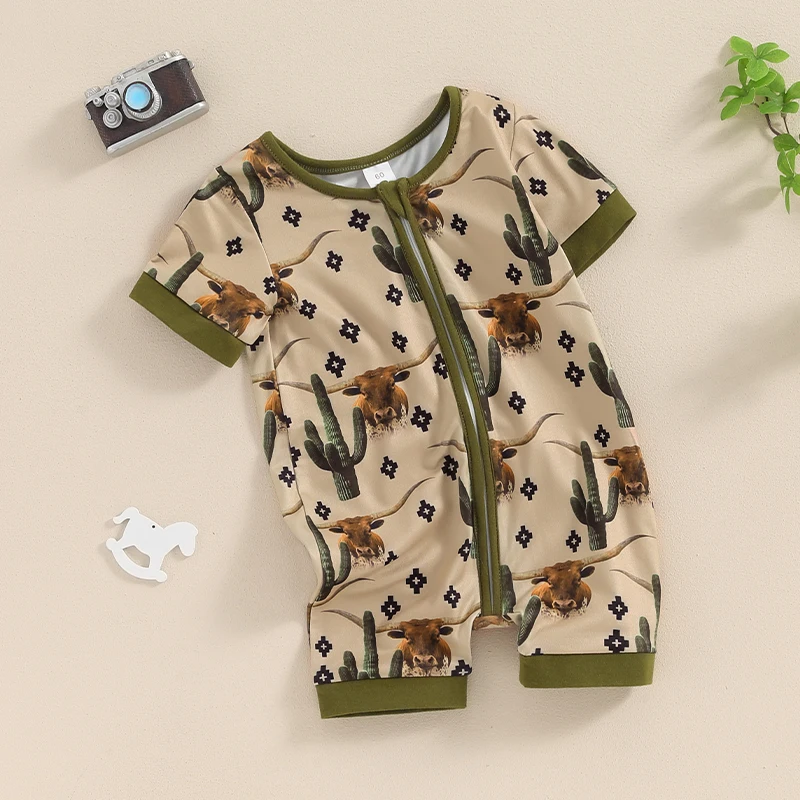 

Western Baby Boy Clothes Horse Cactus Print Short Sleeve Romper Zipper Jumpsuit Bodysuit Summer Outfit