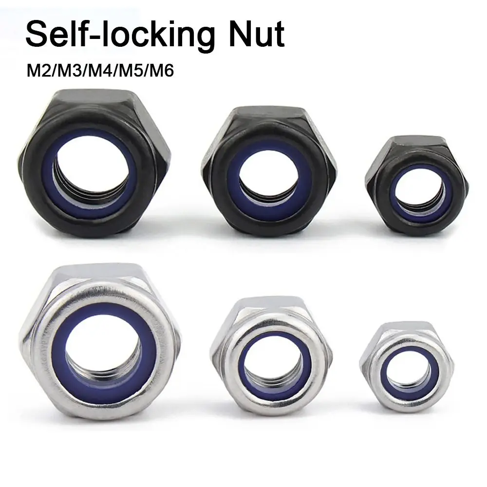 10pcs 304 Stainless Steel Self-locking Nut Hex Nylon M2 M3 M4 M5 M6 Locknut Black Silver Hardware Accessory Insert Lock Nut