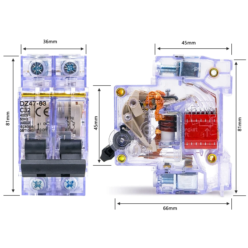 Transparent Circuit Breaker with Overload Protection, 16A-63A, DIN Rail Mount, 230V/400V, Home & Industrial Use