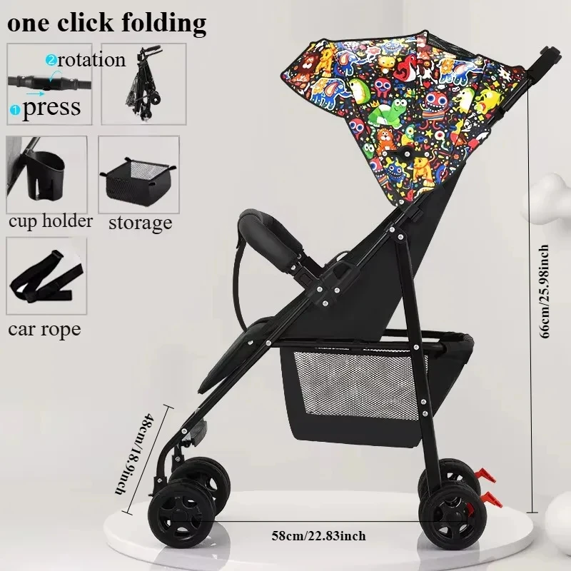 Lightweight baby stroller One Lick Folding Baby Stollingcart Sit & Lying Large Canopy Storage Cup Holder Infants
