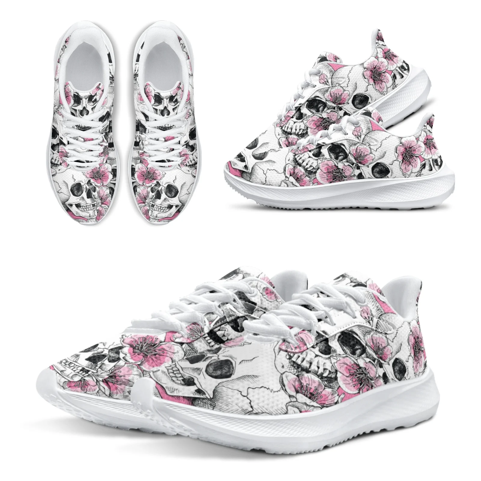 

INSTANTARTS Hibiscus Flower Running Shoes Women's Day Of The Dead Skull Designer Casual Sports Shoes White Walking Shoes Zapatos