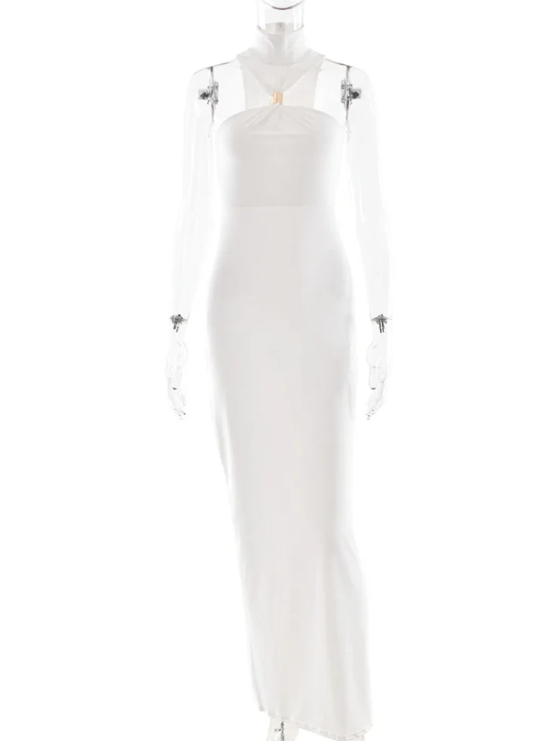 Women 2026 Summer Halter Neck Off Shoulder Bodycon Long Dress Ladies Sexy  Sleeveless Hollow Out Split White Party Prom Dresses