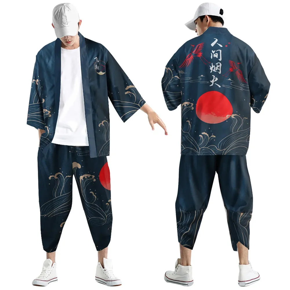 Two-piece Suit Oversize S-6XL Loose Japanese Cardigan Women Men Cosplay Yukata Clothing Harajuku Samurai Kimono + Pants Sets japanese kimono japanese kimono cardigan japanese kimono shirt
