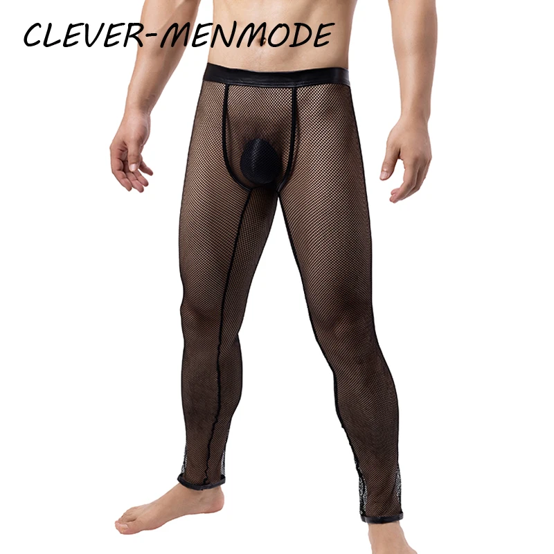 CLEVER-MENMODE Sexy Fishnet PU See-Through Transparent Trousers Men's Porn Mesh Leggings Sissy Exotic Pajama Pants